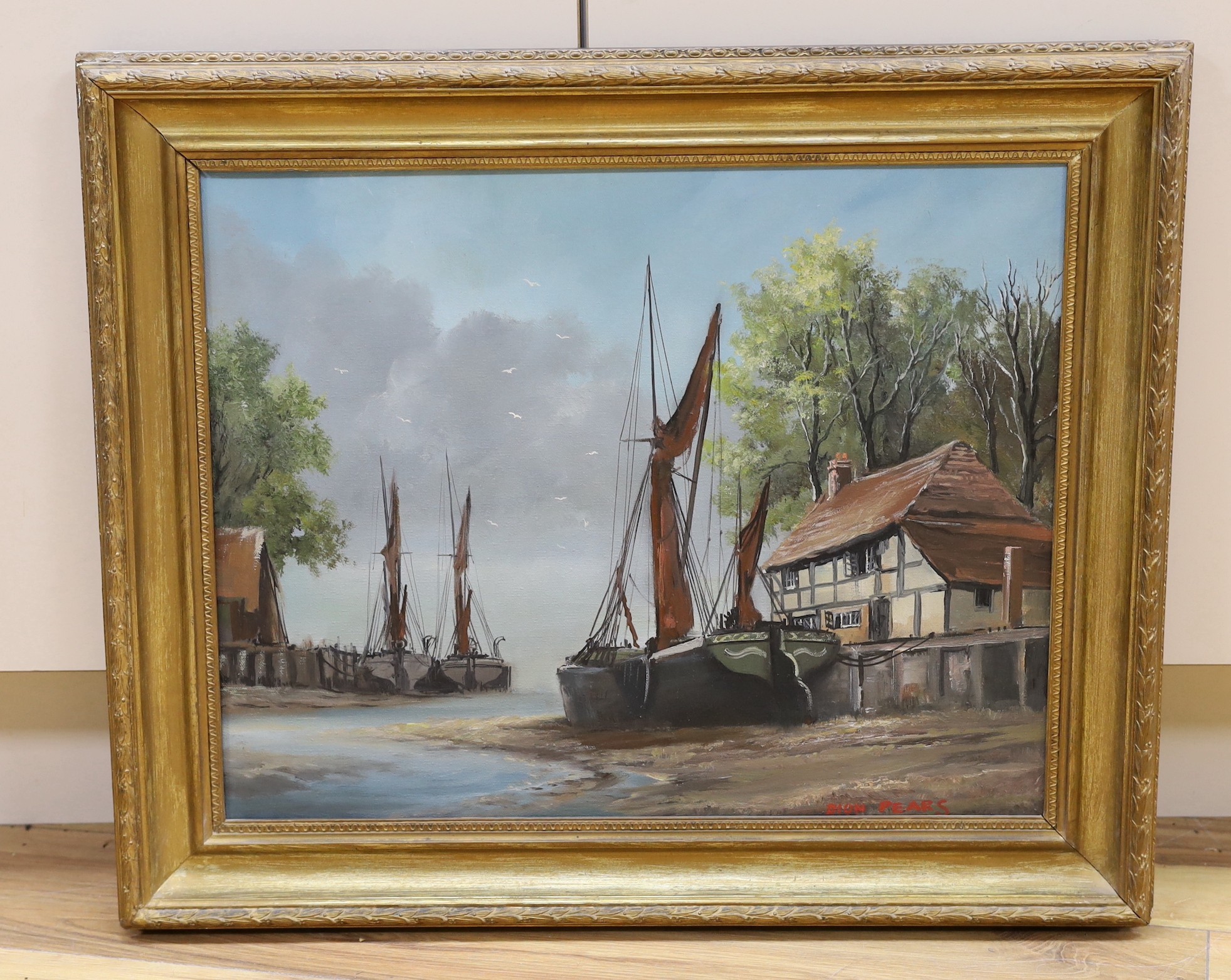 Dion Pears (1929 - 1985), oil on canvas, a cottage and harboured boats, signed, 39 x 49cm